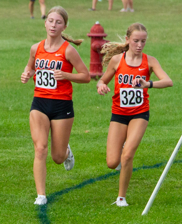 Falyn Svalstad (335) and Addison Seamans pace each other during last year’s Bob Brown Cross Country Classic. Svalstad, a junior this year, and Seamans, now a sophomore, add to the Lady Spartans’ depth this season.