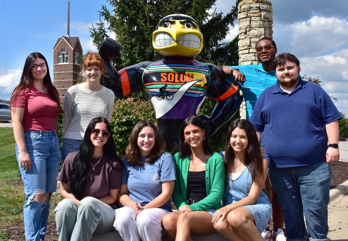 The Fall 2025 Community News class (from left) – Reanna Robb, Lily Graham, Sonja Fortier, Aviva Wilks-Adams, Zoe Bentler, Megan Klein, instructor Tyren Rushing, and Liam Halawith.