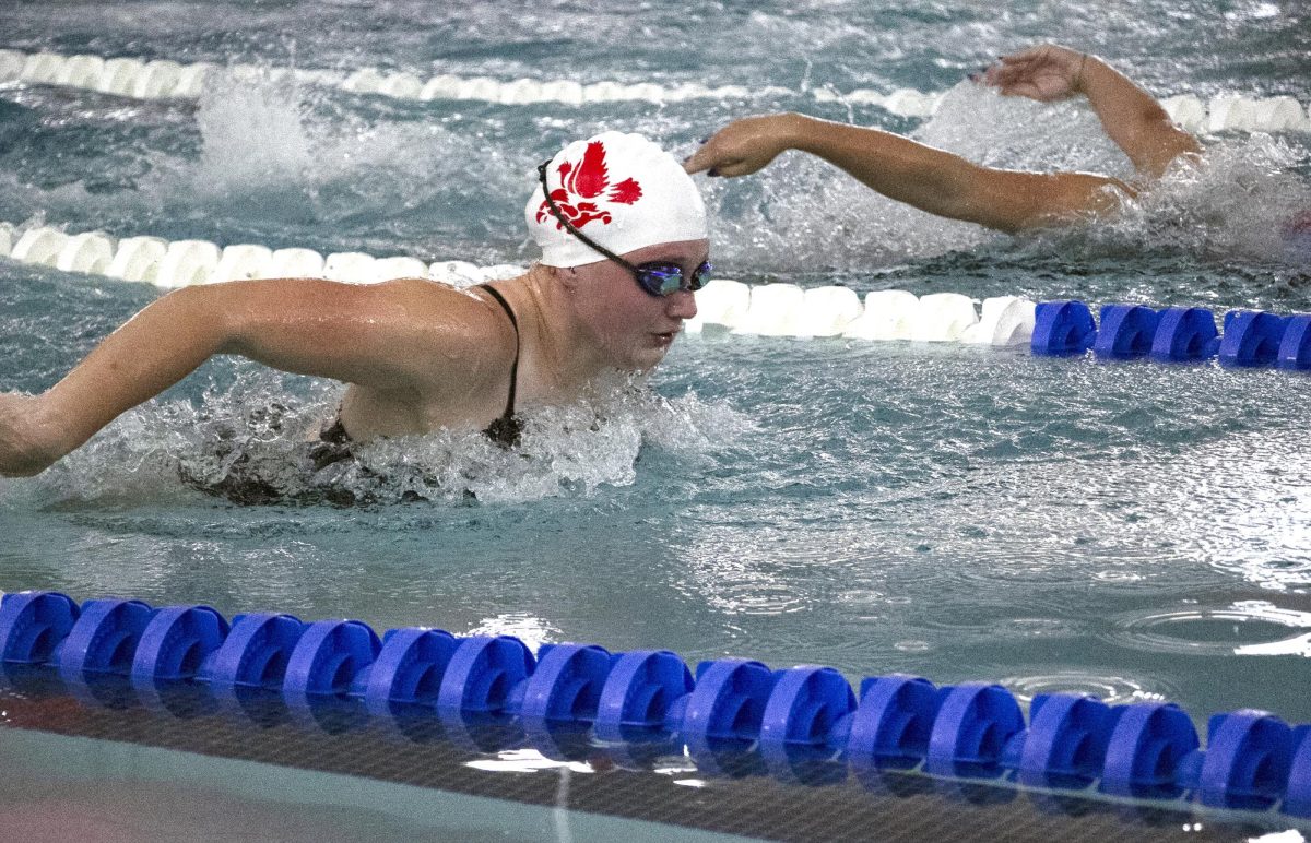 Solon’s Madelyn Elkins plows through the water in the 200-yard individual medley Tuesday, Sept. 16 as the City High Little Hawks battled the Cedar Rapids Washington Warriors at the Mercer Park Aquatic Center.