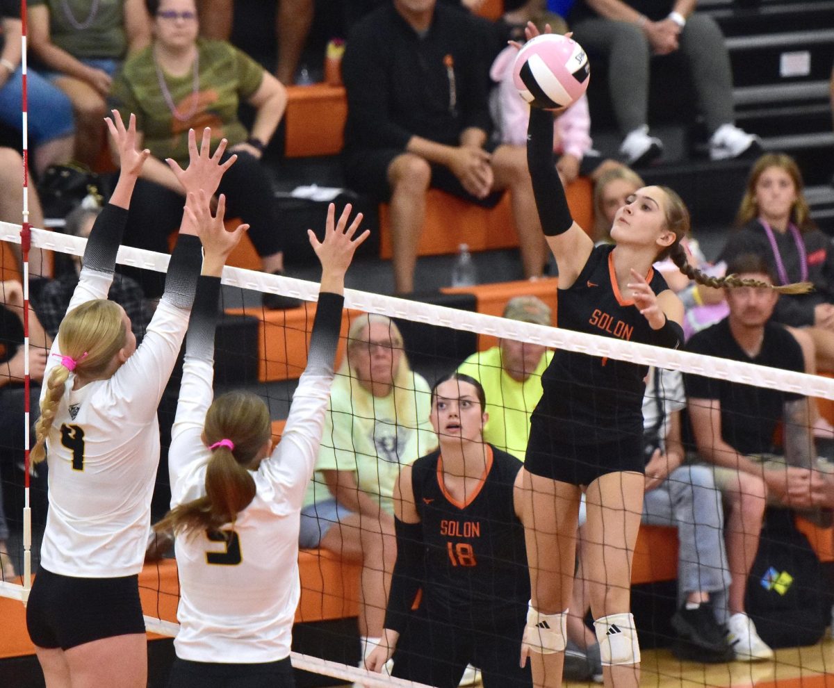 Freshman Makinley Galvan (4) smacks the ball toward the Stormin’ Pointers Tuesday, Sept. 16 at home. CPU topped Solon 3-2.
