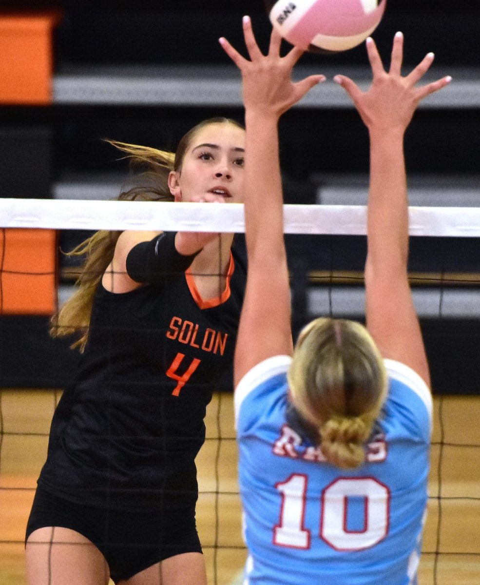 Freshman Makinley Galvan tries to put a kill shot past a Dubuque Senior Ram Saturday, Sept. 6 in Solon’s home tournament.