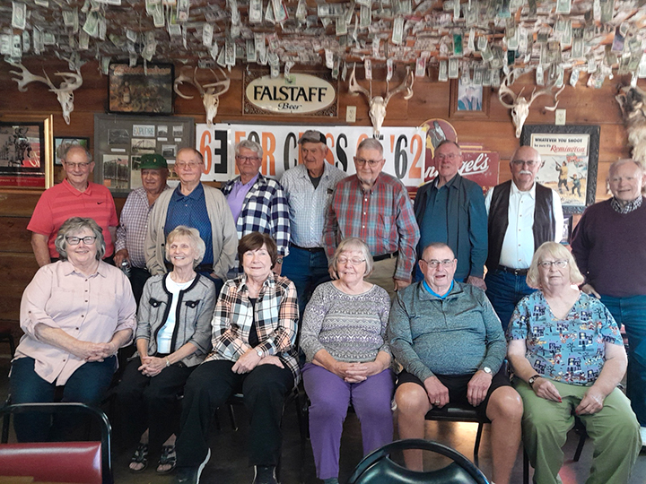 Front row: Nancy Koss Heathman, Marianne Sovers Harney, Lou Steinbrech Ulch, Rosie Peer Fisher, Ed Osborn, and Darlene Kabela Brant Back row: Barry Beuter, Don Kabela, Bill Miller, Larry Leonard, Jim Fencl, Joe Miller, Bill Gleason, Mark Heathman, and Larry Tellin