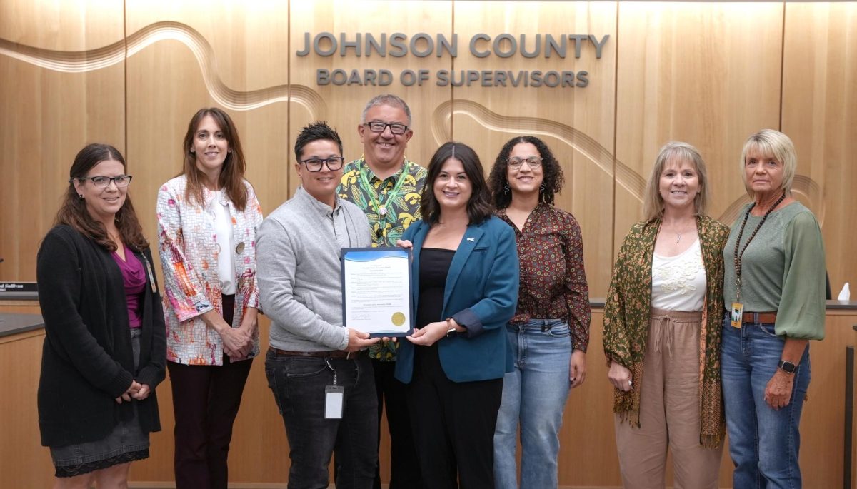 The Johnson County Board of Supervisors officially designated September 2025 as National Ovarian Cancer Awareness Month in Johnson County. Receiving the proclamation is Patient Advocate Bridget Toomey who lost her mother from ovarian, and researchers Kristi Thiel, PhD, and Danielle Uhl, PhD with Johnson County Board of Supervisors Mandi Remington, V Fixmer-Oraiz, Rod Sullivan, and Lisa Green-Douglass.