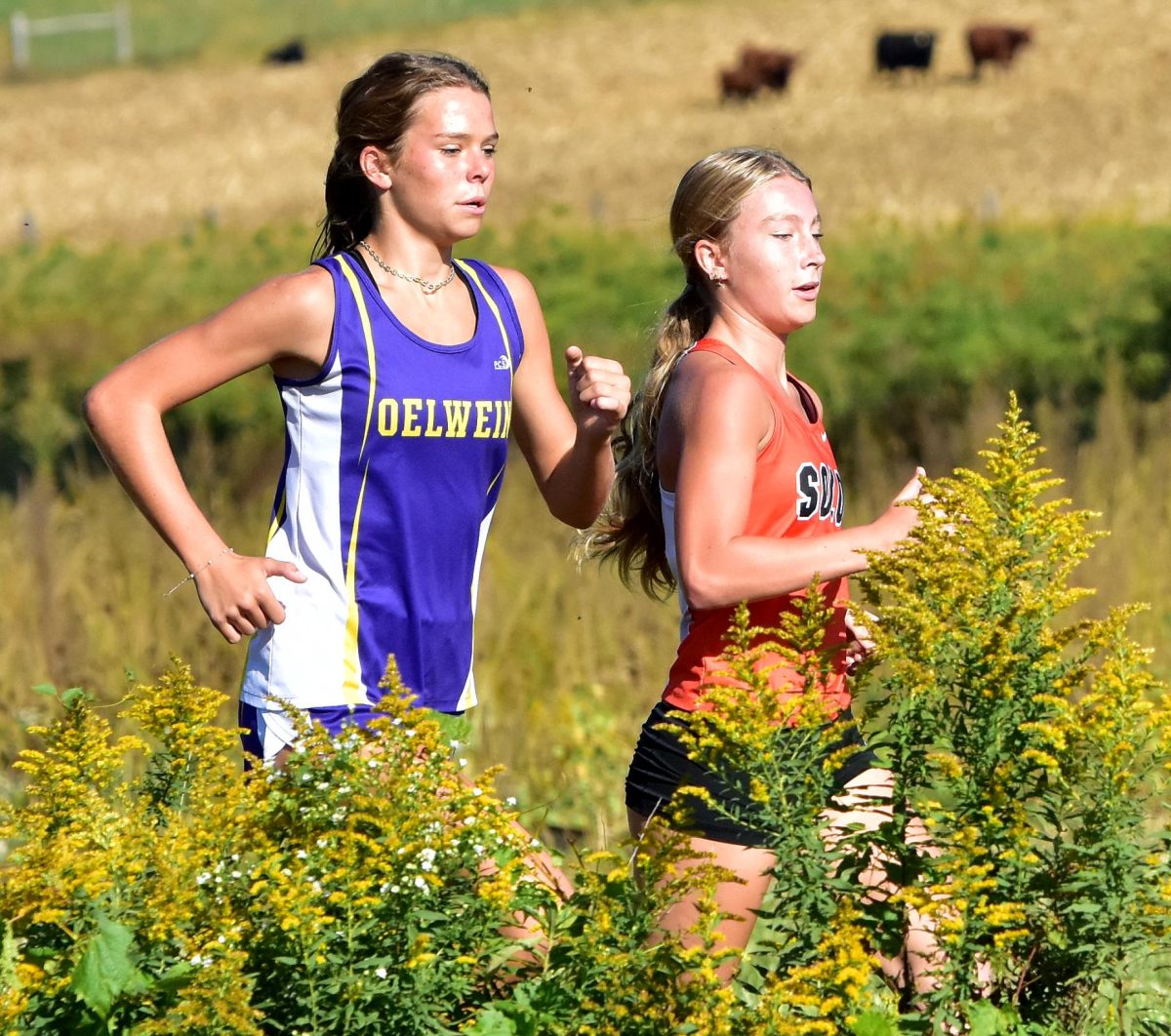 Falyn Svalstad leads an Oelwein Husky past flowering weeds, prairie grass, and content cows in the distance Saturday, Sept. 27 during Anamosa’s invitational meet. Svalstad led the Lady Spartans to a runner up finish with her third place showing in 19:42.9.