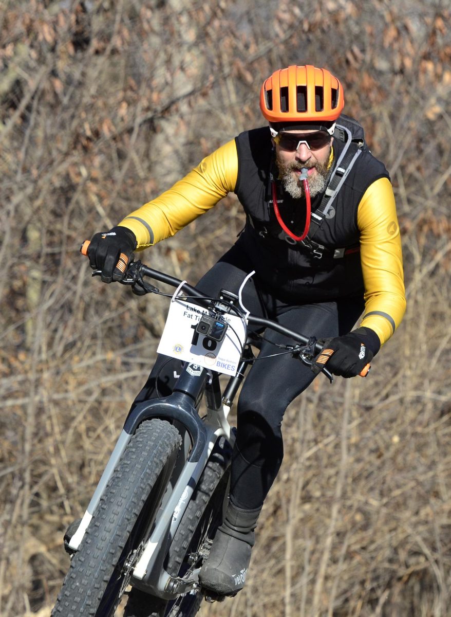 Noah Butler rounds a sharp curve on the course for the 2026 Lake Macbride Fat Tire Classic bike race Saturday, Feb. 7. The event is the biggest fundraiser of the year for the Solon Centennial Lions Club and drew 190 riders.