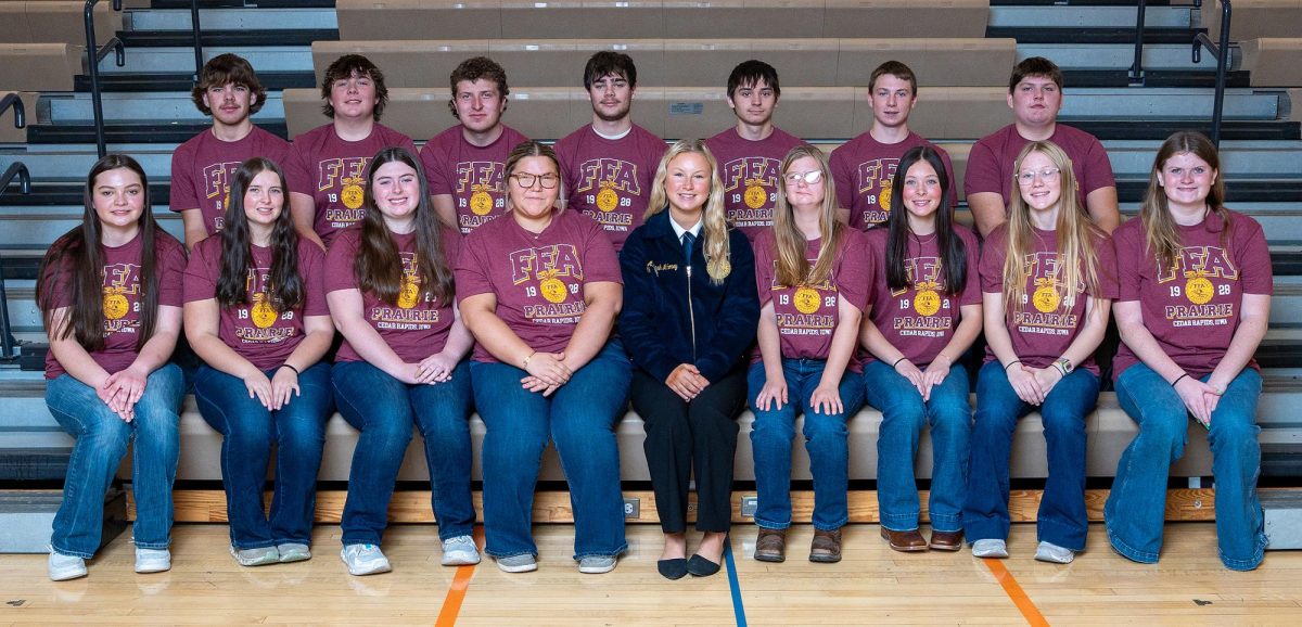 2025-26 Solon Ag students and FFA members- Back row (left to right)- Bubba Kreps, Raleigh Bennett, Brayden Netolicky, Brogan Woolley, Kaden Recker, Will McAtee, Jack Steinbrech. Front row (left to right)- Autumn Miller, Mackenna Craig, Mackenzie Craig, Madison Singbeil, Alannah Mahoney, Reece Meyer, Emily Pence, Tess Richards, Peyton Netolicky (not pictured- Kali Poe)