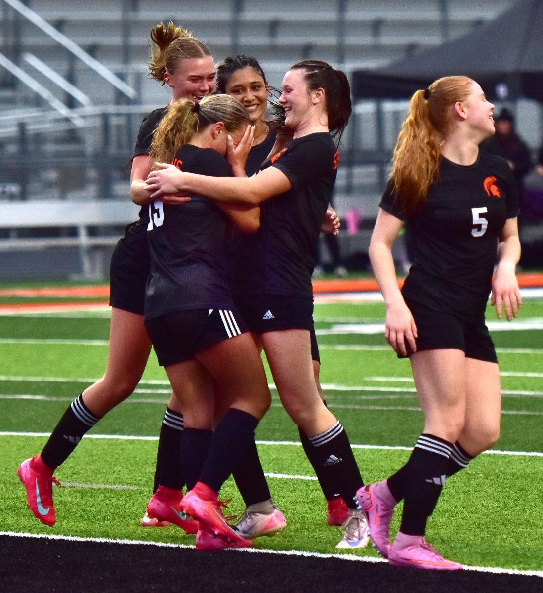 The Lady Spartans celebrate Laeni Hinkle’s goal against Center Point-Urbana Thursday, April 9, at home. The Lady Spartans defeated the Stormin’ Pointers 1-0 in constant rainfall improving their record to 2-0 on the season.