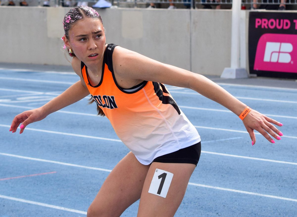 Mailee Schmidt prepares for a baton handoff during the Iowa High School State Track and Field Championships Saturday, May 23, at Drake Stadium in Des Moines.