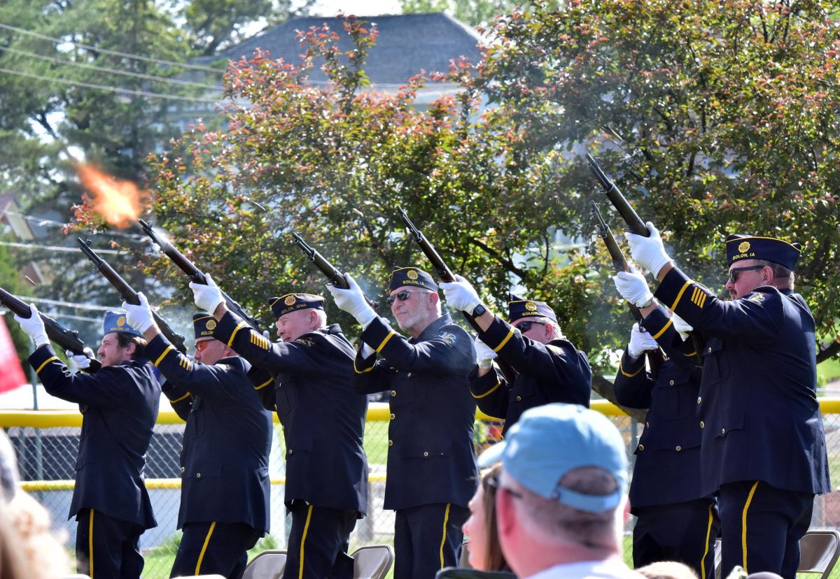 Members of Solon American Legion Stinocher Post 460 fire a three-shot volley (“21-gun salute”) during the annual Memorial Day ceremony Monday morning.