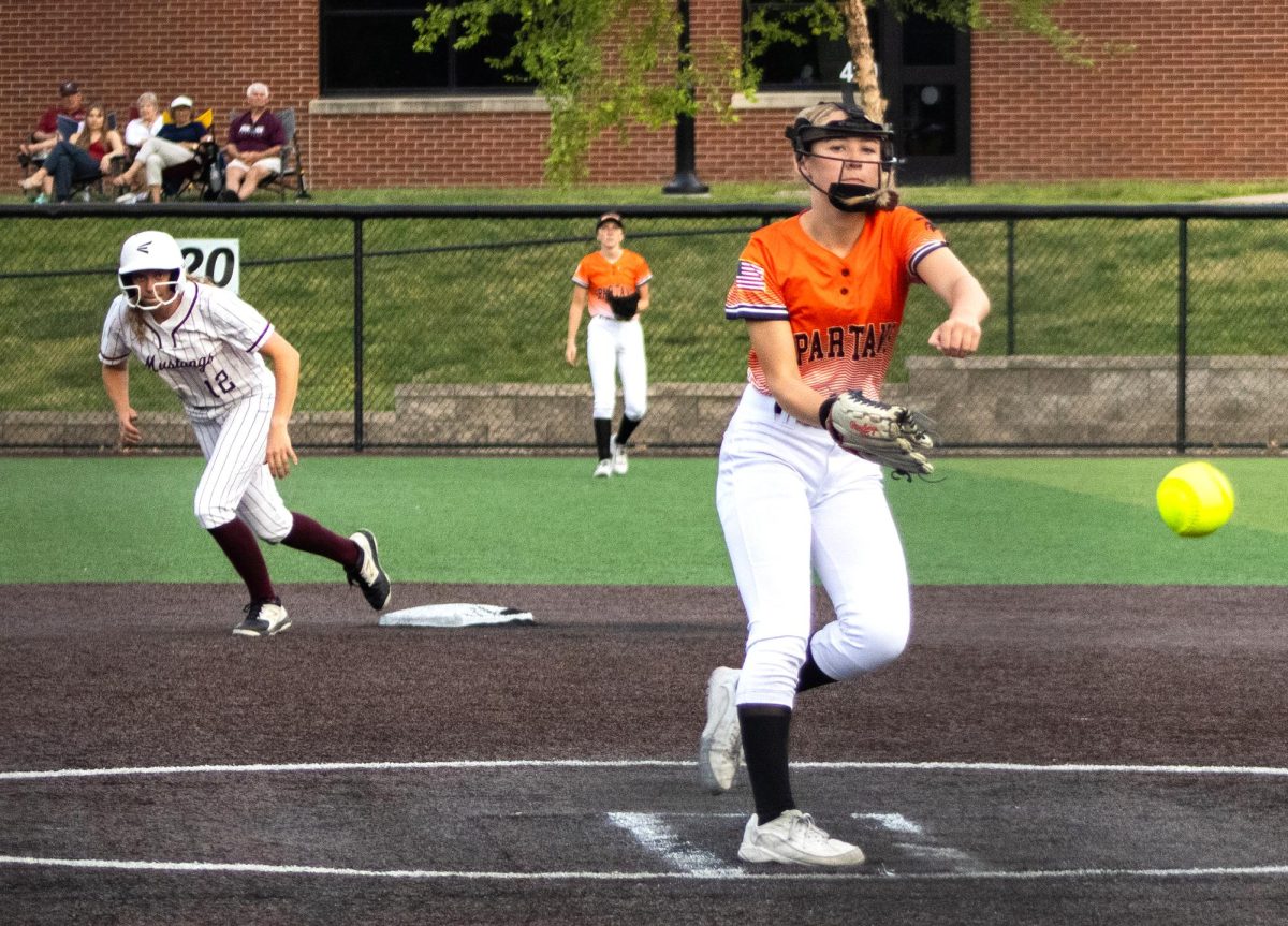 Mount Vernon’s Sorell Telecky runs from second after Solon pitcher Zoey Melloy throws a pitch at Van Metre Family Softball Field in Mount Vernon on Friday, May 29. The Mustangs swept the Lady Spartans, 5-0 and 9-8.