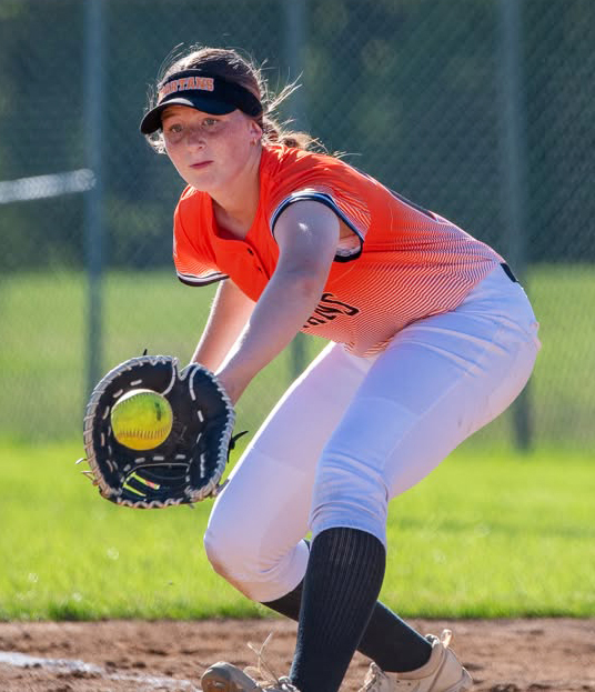 Sophomore Beckett Kruse receives the ball at first base Friday, June 12, during a varsity doubleheader in Anamosa. The Lady Spartans swept Anamosa 3-2 and 7-2 to cap off a 4-0 week of varsity action.