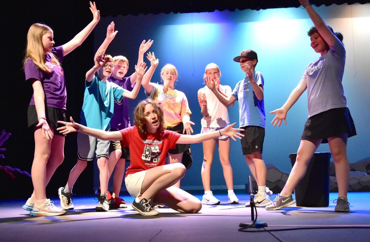The cast of the Solon Middle School’s production of Finding Nemo Jr. rehearse a scene. The musical, based on the 2003 Disney movie, takes the stage in the performing arts center at the high school this Friday and Saturday, June 19 and 20.