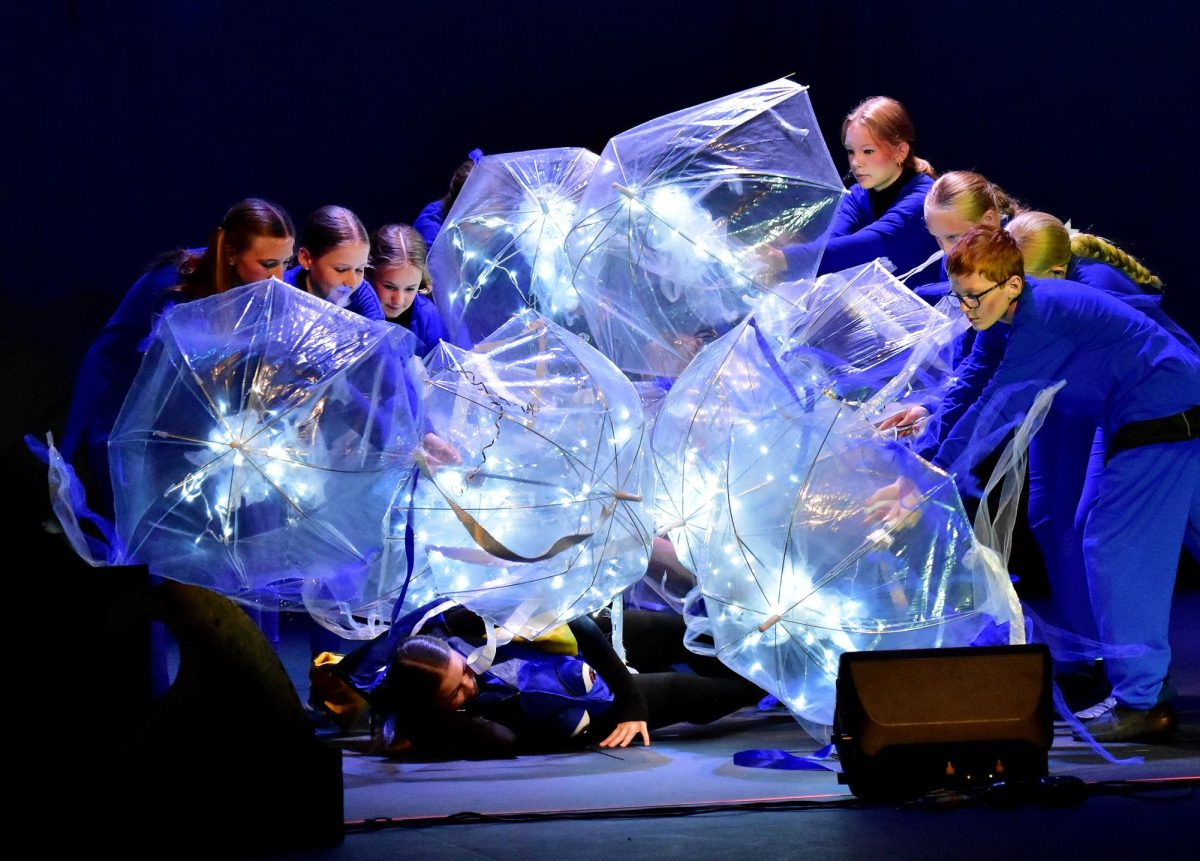 A swarm of jellyfish attacks Marlin (Jack Bogard) and Dory (Libbie Stahle) in Solon Middle School’s production of Finding Nemo Jr.
